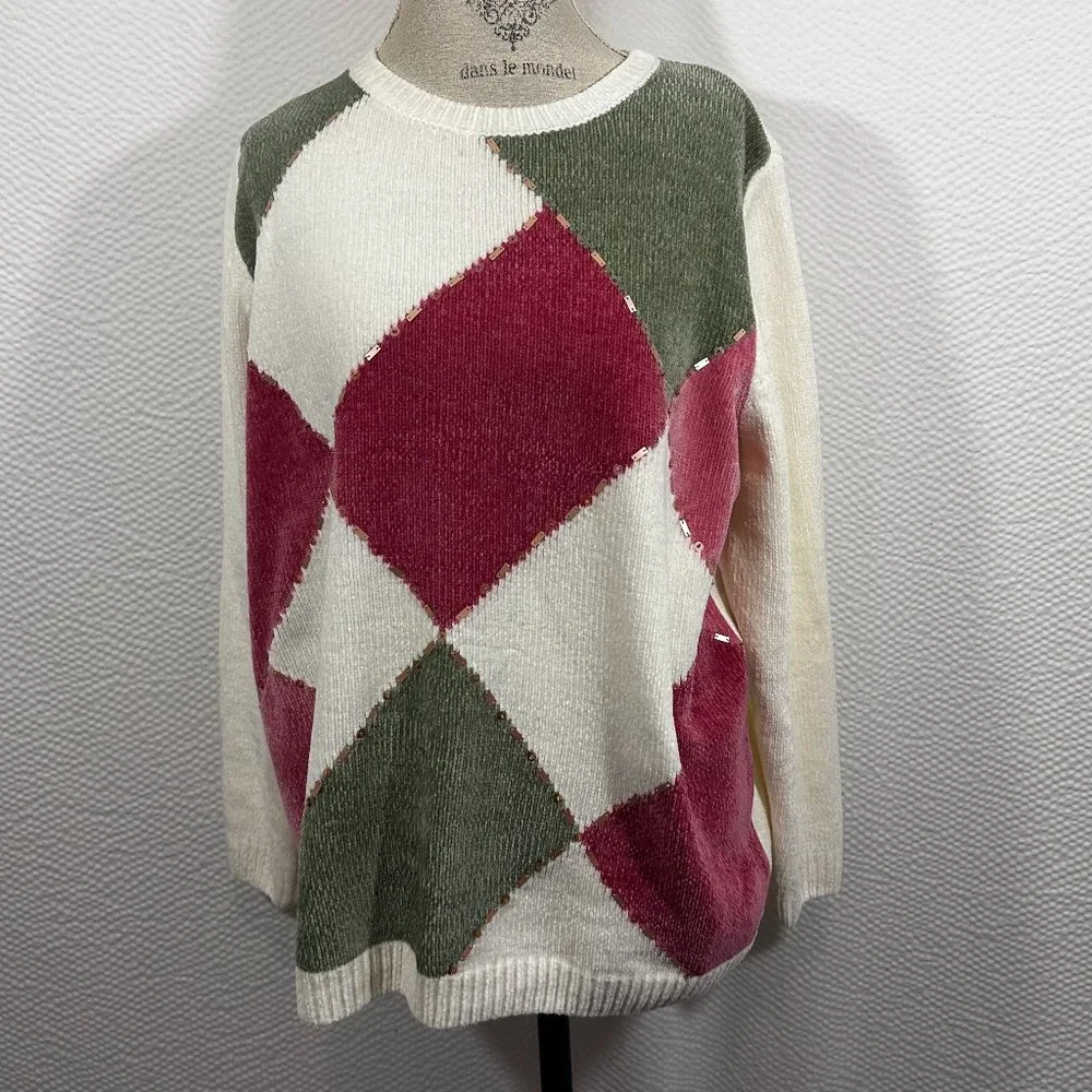 Alfred Dunner vintage argyle sweater Chenille Super Soft Colorblock Embellished - Picture 1 of 7